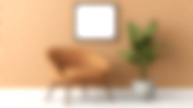 Sıcak, modern bir oturma odası şık bir koltuk ve sıcak bir duvara dayanan kapalı bir bitki. Tasarım ilhamı ve ev dekorasyonu fikirleri için ideal.