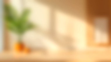 Yumuşak doğal ışıkla aydınlatılan sıcak ve davetkar bir iç mekan. Huzur ve sükunet saçan huzurlu bir ortamda yeşil bir bitki sergiliyor..