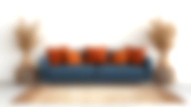 Canlı yastıklarla bezenmiş ve dekoratif bitkilerle çevrili şık mavi bir kanepe modern bir yaşam alanında rahat ve davetkar bir atmosfer yaratır..