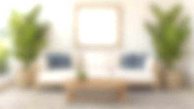 Modern mobilyaların, yumuşak koltukların ve canlı ev bitkilerinin olduğu parlak bir oturma odası. Mekan rahatlık ve rahatlama için tasarlanmıştır..