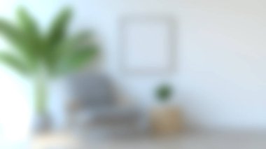 Sakin ve şık bir iç mekan. Kapalı bir bitkinin yanında minimalist bir sandalye sergiliyor. Parlak bir yerde samimi ve davetkar bir atmosfer yaratıyor..