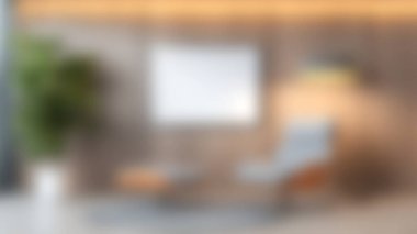 Rahat bir koltuğu, yemyeşil bir bitkisi ve sakin bir atmosfer için yumuşak ışıklandırması olan rahat, modern bir oturma odası. Rastgele rahatlamak için mükemmel..