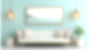 Açık mavi duvarları, minimalist dekorları ve rahatlatıcı bir ortam yaratan zarif mobilya unsurları olan güzel tasarlanmış modern bir oturma odası..