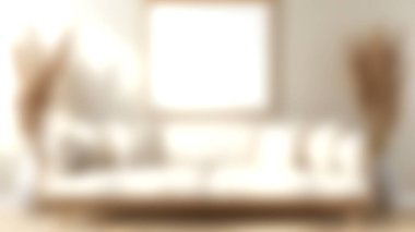 Bu resim doğal ışıkla dolu rahat ve modern bir oturma odasını gösteriyor. Yumuşak dokular ve minimalist stil rahatlama ve rahatlama için mükemmel bir ortam yaratır..