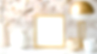 Boş bir çerçeve, şık masa lambası ve modern iç tasarım temaları için ideal dekoratif unsurlara sahip minimalist bir çalışma alanına sahip sakin ve yumuşak odaklı bir resim..