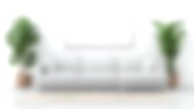 Zarif, modern bir oturma odası. Minimalist, beyaz bir kanepe. Etrafı yemyeşil kapalı salonda bitkilerle çevrili. Aydınlık alan rahatlamayı ve rahatlığı davet eder..