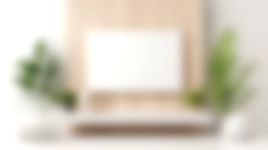 Bu minimalist kapalı sahne yeşil bitkiler ve ahşap elementlerle çevrili boş bir tuval içeriyor, sanatsal ilham için mükemmel ve davetkar bir atmosfer yaratıyor..