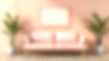 Yumuşak, yeşil bitkilerle eşleştirilmiş pembe bir kanepeden oluşan şık bir oturma odası sahnesi, dinlenme ve rahatlama için uyumlu ve davetkar bir atmosfer yaratıyor..