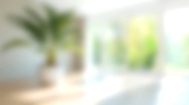 İçinde yeşil bir bitki, parlak pencereler ve doğal ışık bulunan güzel, yumuşak odaklı bir iç mekan. Huzur ve konfor uyandırmak için ideal..