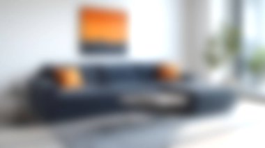 Modern bir oturma odası hayal edin, doğal ışıkla dolu, koyu renkli bir kanepe ve şık ve rahat bir atmosfer için canlı turuncu aksanlı..