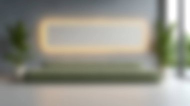 Modern tasarım ve konforun karışımını deneyin Bu şık oturma odasında yeşil bir kanepe, doğal ışık, ve sakin kapalı salonda bitkiler.