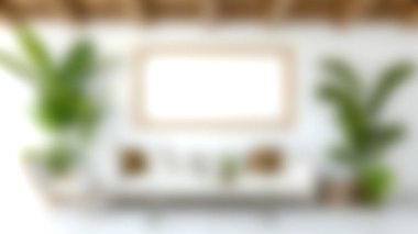 Bu resim, canlı kapalı alan bitkilerinin ve duvarda çerçevelenmiş parlak bir sanat eserinin yer aldığı modern bir minimalist oturma odasını gösteriyor. Davet edilen alan, rahatlamak için ideal şık ve rahat bir atmosferi yansıtıyor..