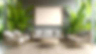 Yumuşak mobilyaların ve canlı yeşil bitkilerin bulunduğu sakin bir oturma odası, modern bir ev ortamında rahatlık ve rahatlık için mükemmel..