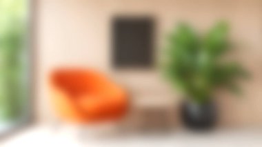 Parlak turuncu bir sandalye, bu modern oturma odasında rahat bir atmosfer oluşturur, bereketli bir iç mekan bitkisiyle geliştirilmiştir, rahatlama ve sıcaklığı davet etmek için mükemmeldir..