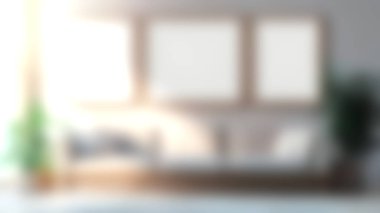 Yumuşak mobilyalar, yeşil bir bitki ve geniş pencereli parlak ve rahat bir oturma odası. Modern ev tasarımında rahatlama ve ilham için mükemmel..