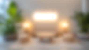 Modern oturma odası tasarımı rahat koltuklar, yumuşak ışıklandırma ve bereketli iç mekan bitkileri, huzur verici ve rahatlatıcı bir atmosfer yaratıyor..