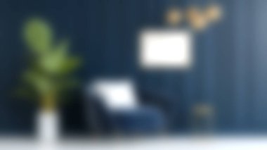 Koyu mavi bir duvara karşı şık bir koltuk ve canlı bir bitki barındıran rahat bir yaşam alanı, rahatlama ve rahatlama için mükemmel modern ve davetkar bir atmosfer yaratıyor..