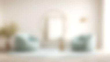 Bu resim yumuşak mobilyaların açık renkli olduğu rahat bir oturma odasını tasvir ediyor. Şık bir dekor, zarif bir oturuş ve minimalist bir estetik içeriyor. Modern iç mekanlar için mükemmel..