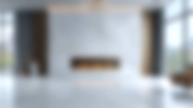 Parlak ve ferah, geniş pencereli, parlak şömineli ve minimalist dekorlu modern oturma odası. Rahat ve şık bir ev ortamı için mükemmel..