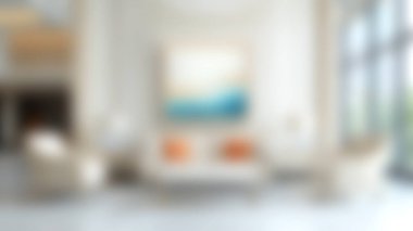 Minimalist dekorun, geniş pencerelerin ve rahat döşemelerin olduğu parlak ve havadar bir oturma odası. Uzay, stil tasarım elementleriyle rahatlama ve sıcaklığı davet eder..