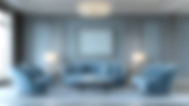 Bu resim zarif mavi mobilyaları gösteren modern bir oturma odasını gösteriyor. Yumuşak ışıklandırma aksanıyla tamamlanmış, şık bir iç tasarımda samimi ve davetkar bir atmosfer yaratıyor..