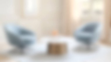 Yumuşak mavi koltuklar ve minimalist kahve masası olan bir oturma odası. Parlak alan konfor ve modern zarafet yayar, rahatlamak için mükemmeldir..