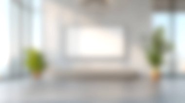 Parlak, minimalist bir oturma odası doğal ışık, konforlu mobilyalar ve canlı saksılar sergiliyor. Hoş, zarif bir atmosfer yaratıyor..