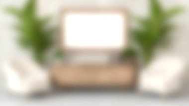 Sıcak ve davetkar bir atmosfer yaratmak için mükemmel ahşap mobilyalar ve yemyeşil bitkilerin olduğu rahat bir oturma odası sahnesi. Boş ekran yaratıcılığı davet eder.