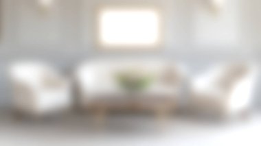 Yumuşak doğal ışıkla yıkanmış, beyaz bir kanepe ve koltukları olan sakin bir oturma odası. Minimalist tasarım rahatlığı, zarafeti ve rahatlatıcı atmosferi çağrıştırıyor, her ev için mükemmel..