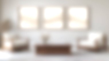 İki rahat sandalyeli ve ahşap sehpalı minimalist dekorun olduğu parlak bir oturma odası. Doğal ışık büyük pencerelerden içeri akarak sıcak ve davetkar bir atmosfer yaratır..