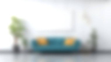 Parlak ve şık bir oturma odası, mavi bir kanepe, renkli yastıklar, ve yemyeşil bitkiler, evde rahat ve davetkar bir ortam için mükemmel..