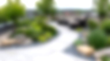 Etrafı canlı yeşillik ve taş özelliklerle çevrili dolambaçlı bir bahçe yolunu gösteren güzel bulanık bir manzara, sakin bir açık hava inzivası yaratıyor..