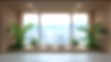 Bu resim, dışarıdaki kentsel manzaranın huzurlu bir görüntüsünü sunan geniş pencereli parlak ve modern bir iç mekan sergiliyor. Mekan bitkilerle süslenmiş, misafirperver bir atmosfer yaratıyor..