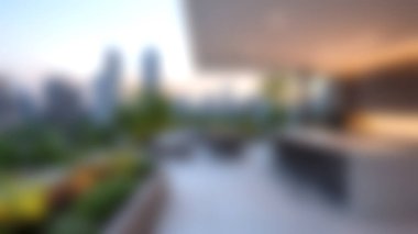 Çarpıcı şehir silueti manzarası ve canlı yeşillik içeren sakin, modern bir çatı terası keşfedin. Açık hava rahatlığı ve ilham için ideal..