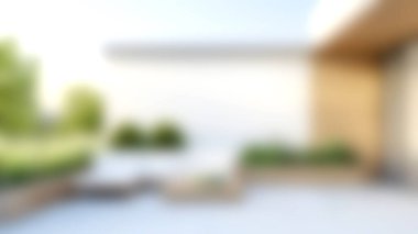 Bu resim, yemyeşil ve ahşap aksanlı modern minimalist bir açık alan sergiliyor, rahatlama ve rahatlama aktiviteleri için mükemmel..