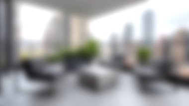 Modern bir şehir balkonunda şık mobilyalar ve canlı yeşillikler var. Çarpıcı şehir silüeti rahatlamak ve eğlenmek için mükemmel bir zemin oluşturur..