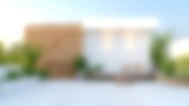 Güzel bir modern minimalist ev dış görünüşü, sıcak ahşap aksanlar ve yemyeşil, sakin bir yaşam deneyimi için parlak bir gökyüzüne karşı kurulmuş..