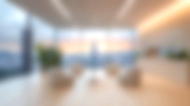 Bu modern ofis içi şafakta nefes kesici bir şehir manzarası gösteren geniş pencereler içeriyor, ilham verici ve rahatlatıcı bir çalışma alanı atmosferi yaratıyor..