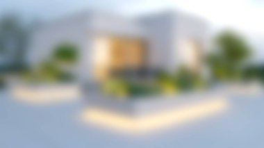 Bu sakin görüntü, akşam aydınlatmasıyla yumuşatılmış, sakin bir şehir vahası yaratan, açık hava bahçeli modern mimariyi sergiliyor..