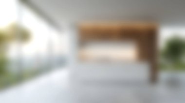 Bu resim, bol doğal ışık içeren modern bir minimalist mutfağı gösteriyor. Açık konsept tasarımı şık mobilyalar ve parlak ayrıntılarla zarafet ve sükuneti vurguluyor..