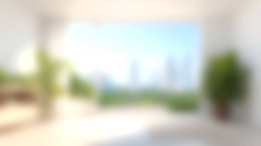 Modern dekor, şehir manzaralı geniş pencereler ve yeşillik içeren parlak ve havadar bir yaşam alanı. Bu iç mekan huzurlu ve davetkar bir atmosferi çağrıştırıyor..