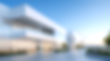 Parlak mavi gökyüzü altında parlak çizgiler ve cam yapılar barındıran modern mimarinin çarpıcı bir görüntüsü. Bu görüntü şehir zarafetini ve yeniliğini yakalar.