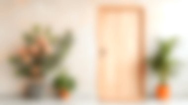 Ahşap bir kapı ve ev bitkilerinin yer aldığı yumuşak odaklı bir görüntü modern bir evde huzurlu bir atmosfer yaratır. Kapalı alandaki yeşillik davetkar dekorasyonu arttırır..