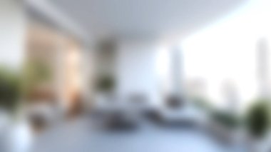 Doğal ışıkla dolu şık bir modern oturma odası, minimalist mobilyalar ve hoş ve davetkar bir atmosfer yaratan dekoratif bitkiler..