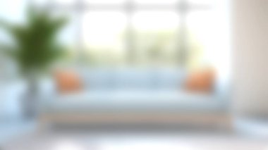 Modern, turuncu yastıklı, geniş pencereli, parlak doğal ışıkla yıkanmış, açık mavi bir koltuğu olan şık bir oturma odası. Ortam davetkar ve sakin, rahatlamak için mükemmel..