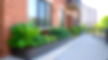 Kaldırımında yeşil bitkiler olan modern bir şehir binasının bulanık görüntüsü, sakin bir açık hava atmosferi yaratıyor. Yaşam tarzı temaları için mükemmel.