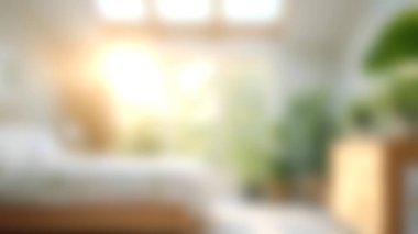 Huzurlu bir yatak odası, yumuşak sabah ışığında yıkanmış, yemyeşil bitkiler, huzur verici ve rahatlatıcı bir atmosfer yaratıyor..