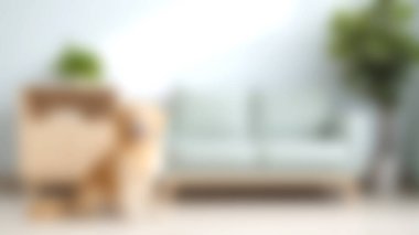 Modern bir kanepe, yeşil bir bitki ve rahatlamak için mükemmel bir ahşap masa olan rahat bir oturma odası. Yumuşak renkler hoş bir ortam yaratır..