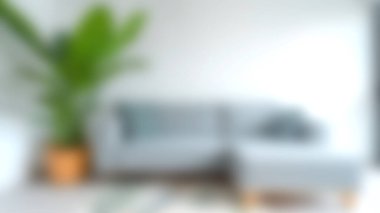 Bu resimde modern bir oturma odası, rahat bir kanepe, kapalı bir bitki ve parlak dekor unsurlarıyla şık ve davetkar bir atmosfer yaratıyor..