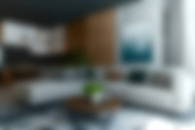 Modern mobilyaların, şık bir sehpanın ve sanatsal öğelerin olduğu güzel tasarlanmış bir oturma odası. Konforlu ev içlerini göstermek için mükemmel..